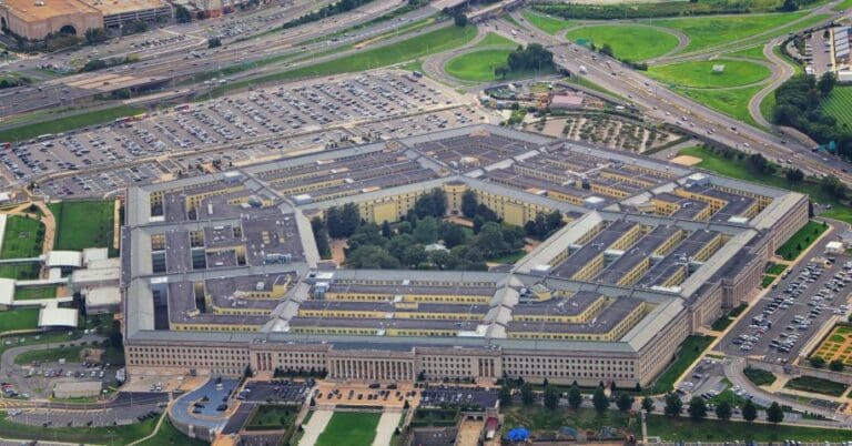 An aerial view of the United States Pentagon building in Arlington, Virginia.