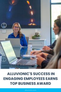 A pinnable graphic for the blog "Alluvionic's Success in Engaging Employees Earns Top Business Award" by Alluvionic.