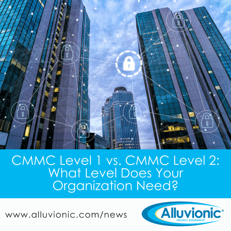 A promotional graphic for Alluvionic's blog on "CMMC Level 1 vs. CMMC Level 2," addressing organizational needs for compliance and cybersecurity.