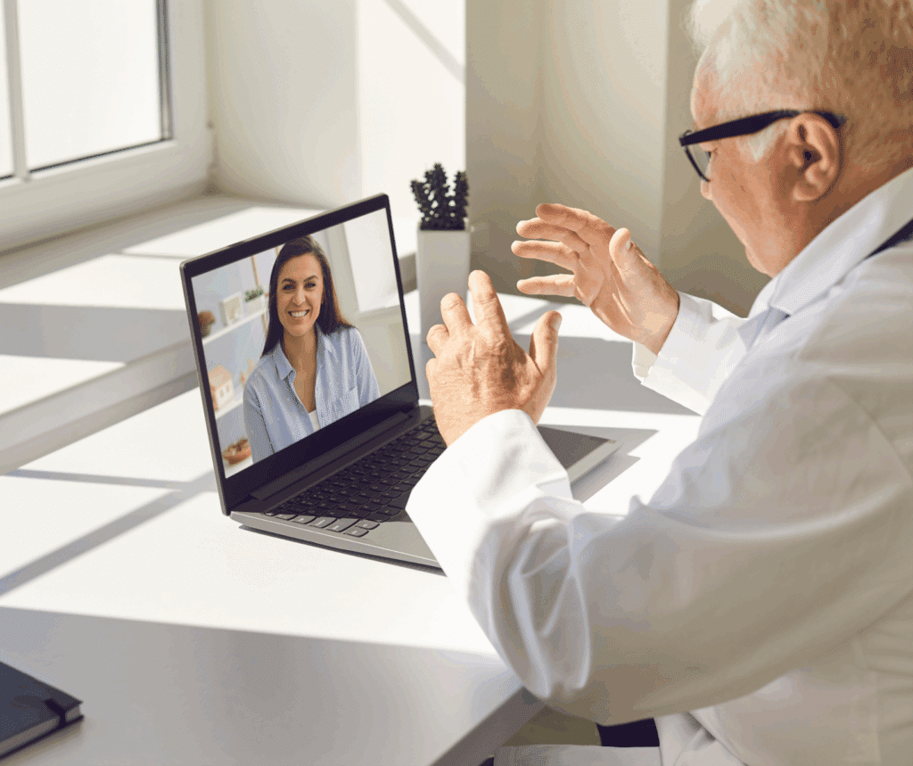 An older gentleman in a white lab coat talking with a woman through his laptop in a professional, business setting.