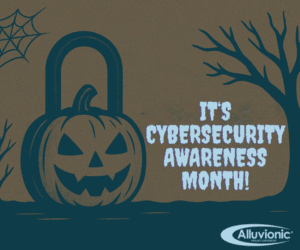 Jack-o-lantern shaped like a padlock. Text: It's cybersecurity awareness month! Alluvionic logo is present.
