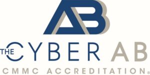Logo for The Cyber AB featuring stylized “AB” lettering above the words “The Cyber AB – CMMC Accreditation.”