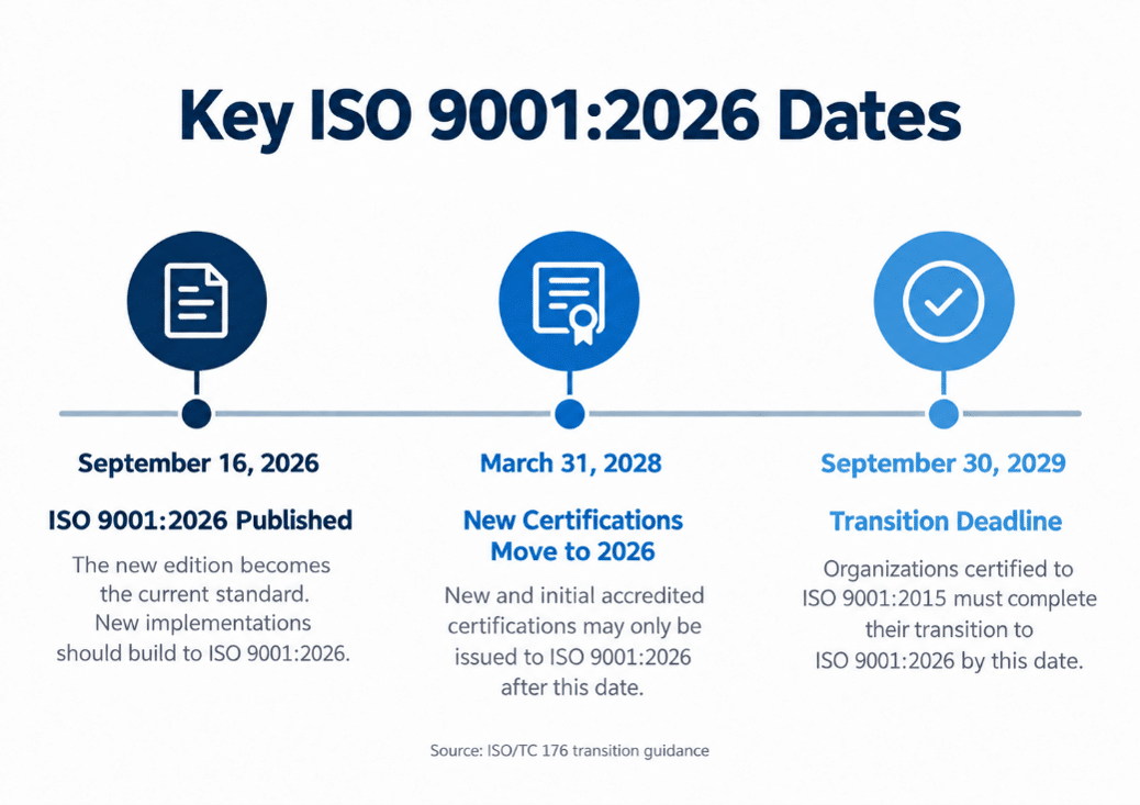 ISO 9001:2026 timeline showing publication on September 16, 2026, new certification requirements on March 31, 2028, and the transition deadline on September 30, 2029